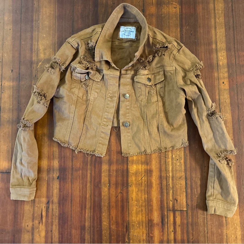 american bazi Rivet Timber Brown Frayed Denim Jacket. size medium Cropped